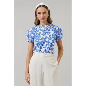 Sugarlips Shia Size Large White & Blue Floral Avy Button Down Blouse Top NWT